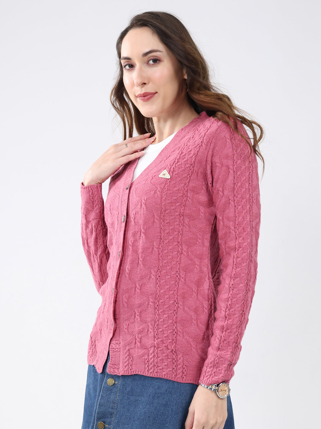 Women Pink Self Design V Neck Full Sleeve Cardigan