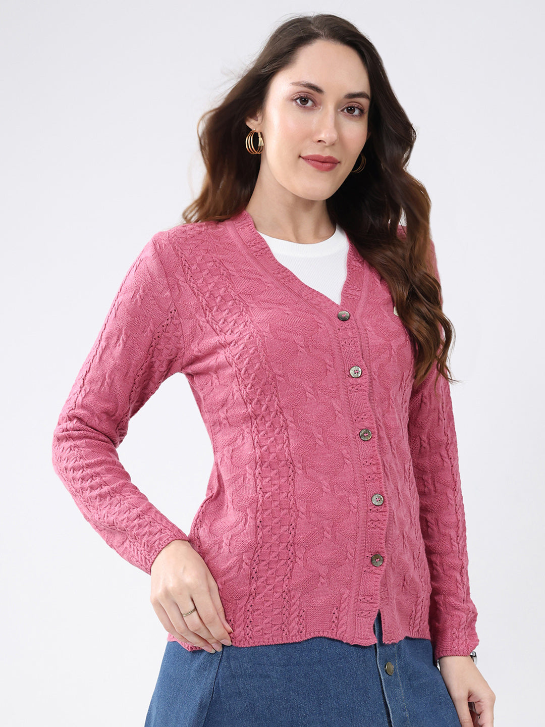 Women Pink Self Design V Neck Full Sleeve Cardigan