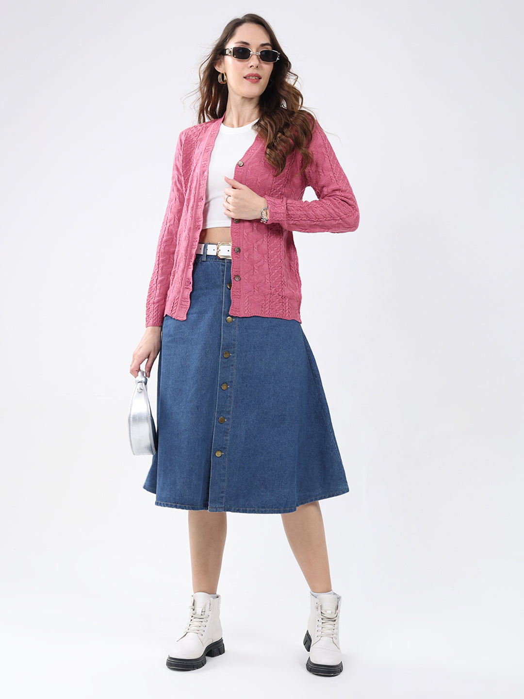 Women Pink Self Design V Neck Full Sleeve Cardigan