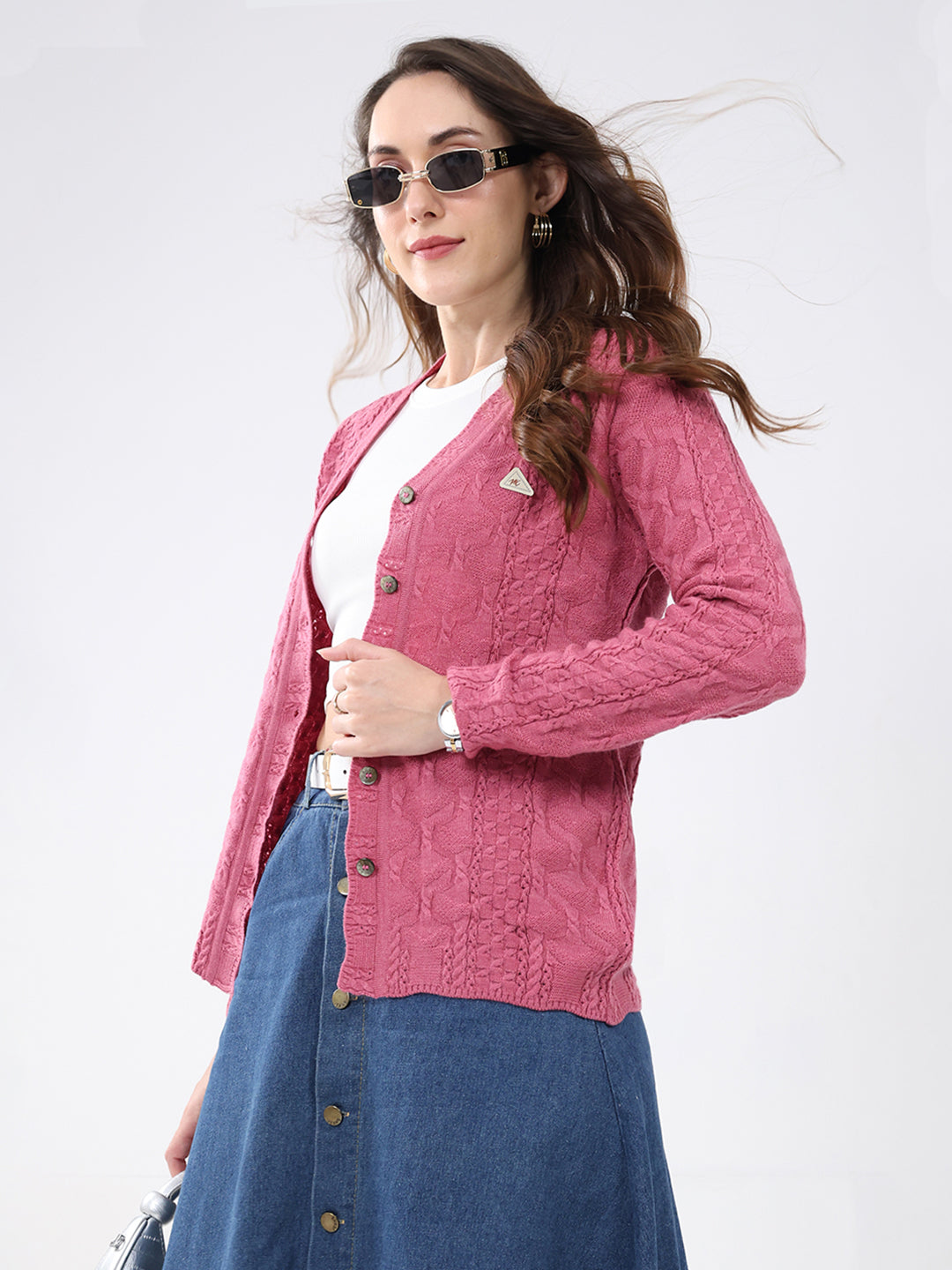 Women Pink Self Design V Neck Full Sleeve Cardigan