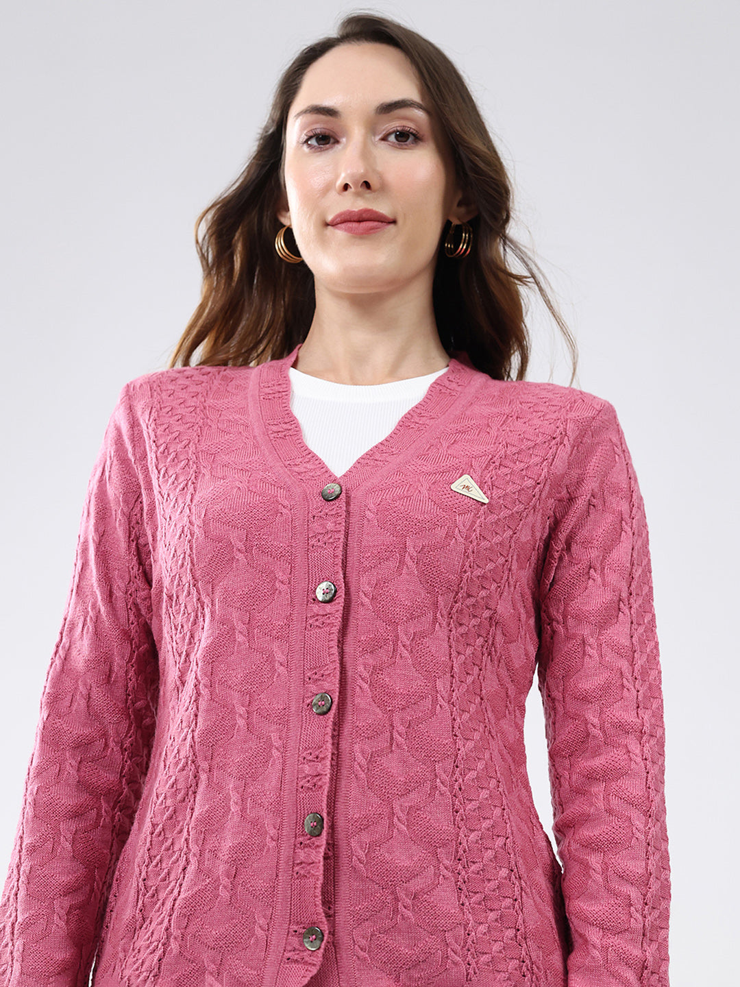 Women Pink Self Design V Neck Full Sleeve Cardigan