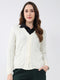 Women Cream Self Design V Neck Full Sleeve Cardigan