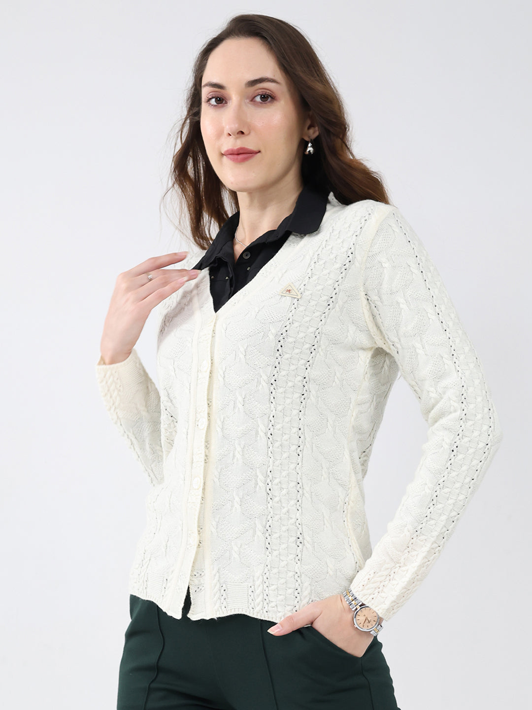 Women Cream Self Design V Neck Full Sleeve Cardigan