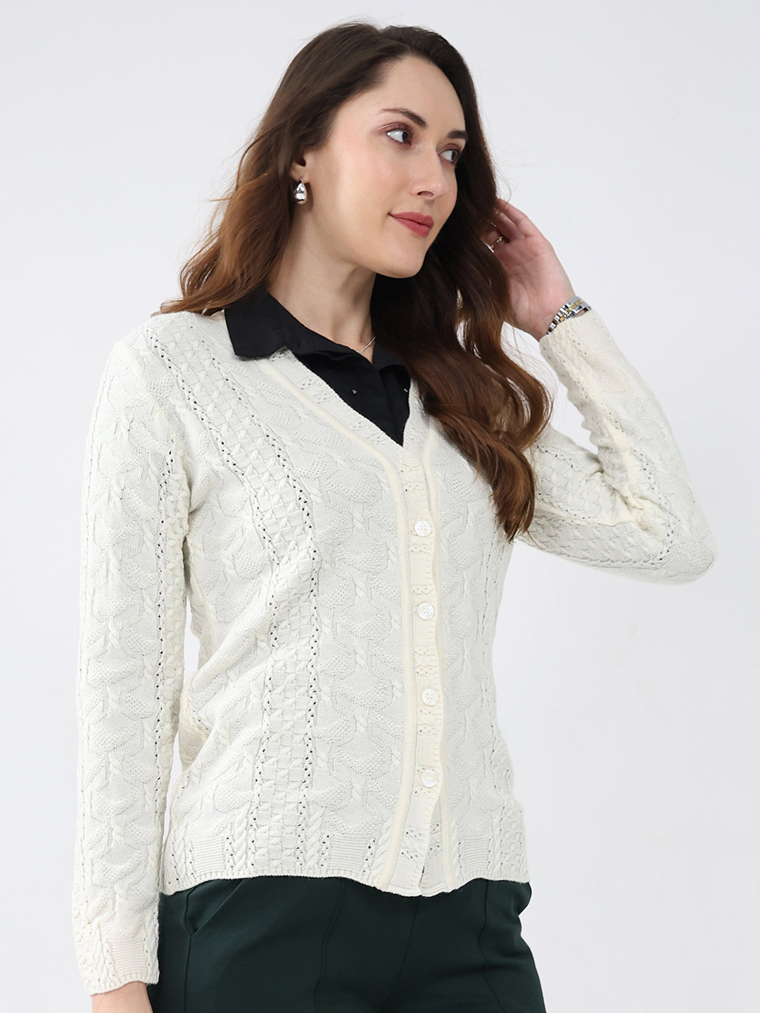 Women Cream Self Design V Neck Full Sleeve Cardigan
