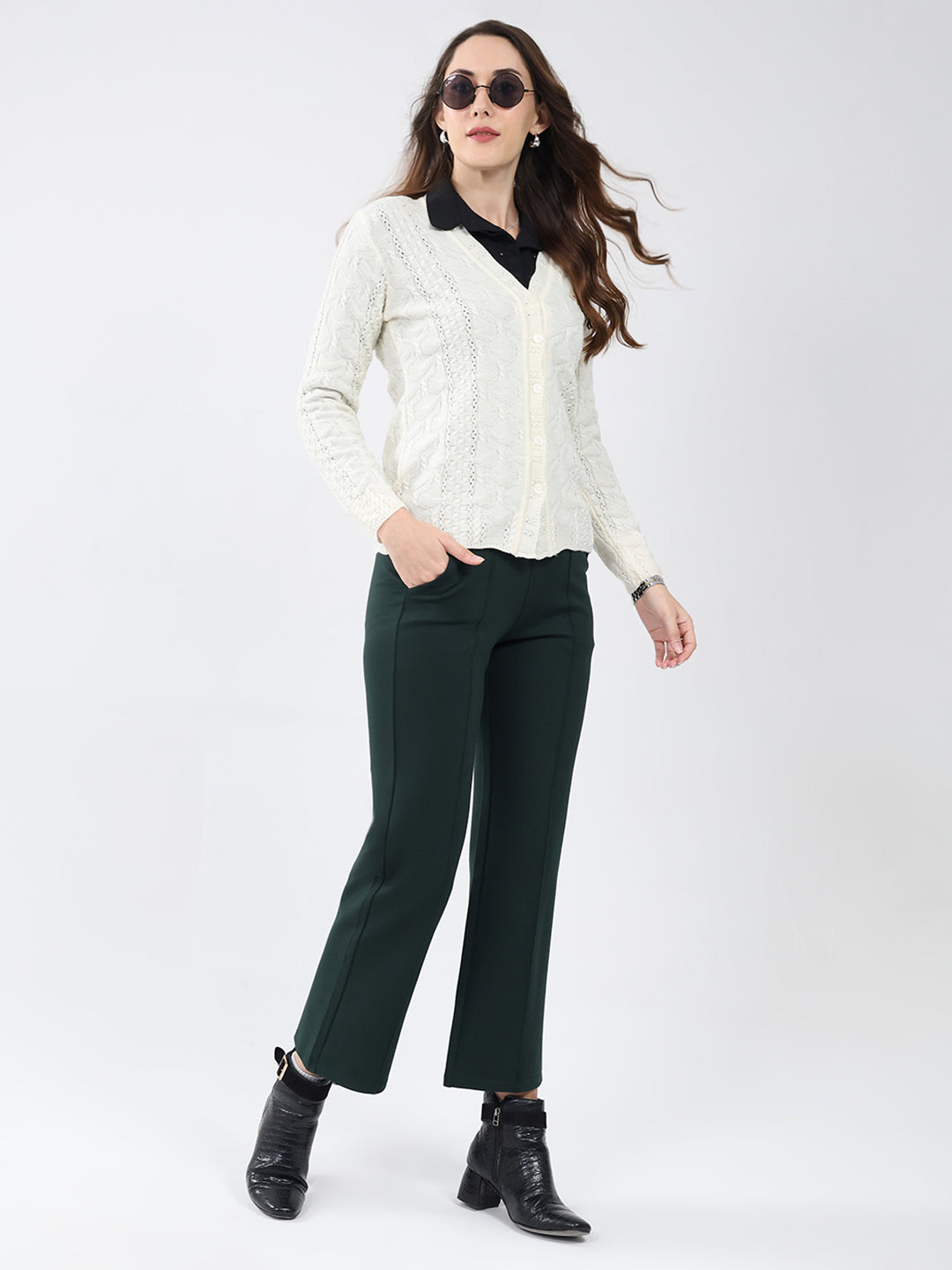 Women Cream Self Design V Neck Full Sleeve Cardigan