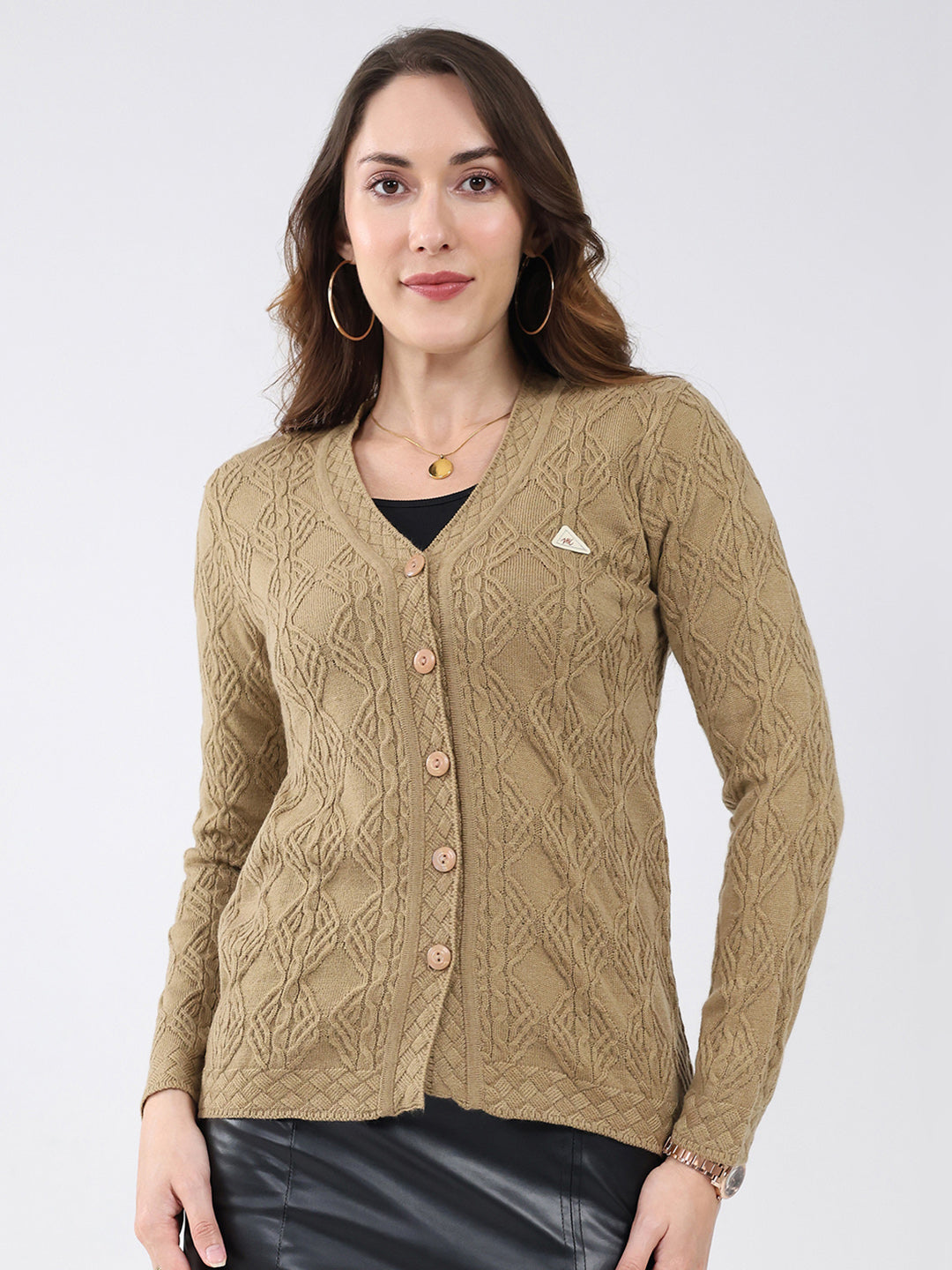 Women Khaki Self Design V Neck Full Sleeve Cardigan