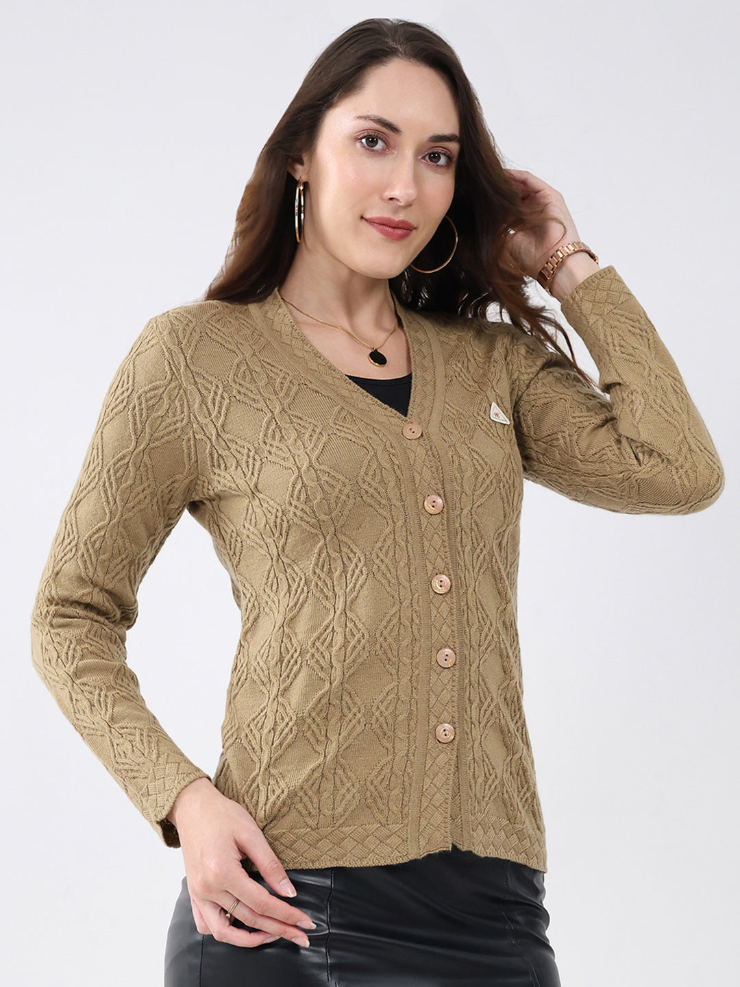 Women Khaki Self Design V Neck Full Sleeve Cardigan