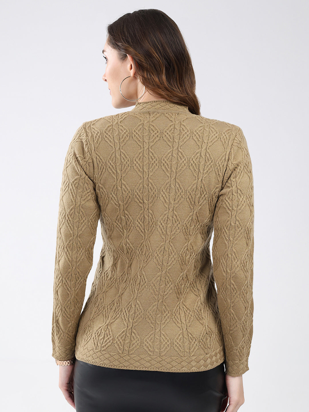 Women Khaki Self Design V Neck Full Sleeve Cardigan