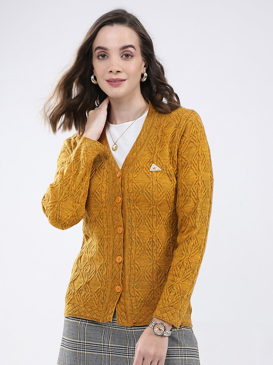Women Mustard Self Design V Neck Full Sleeve Cardigan