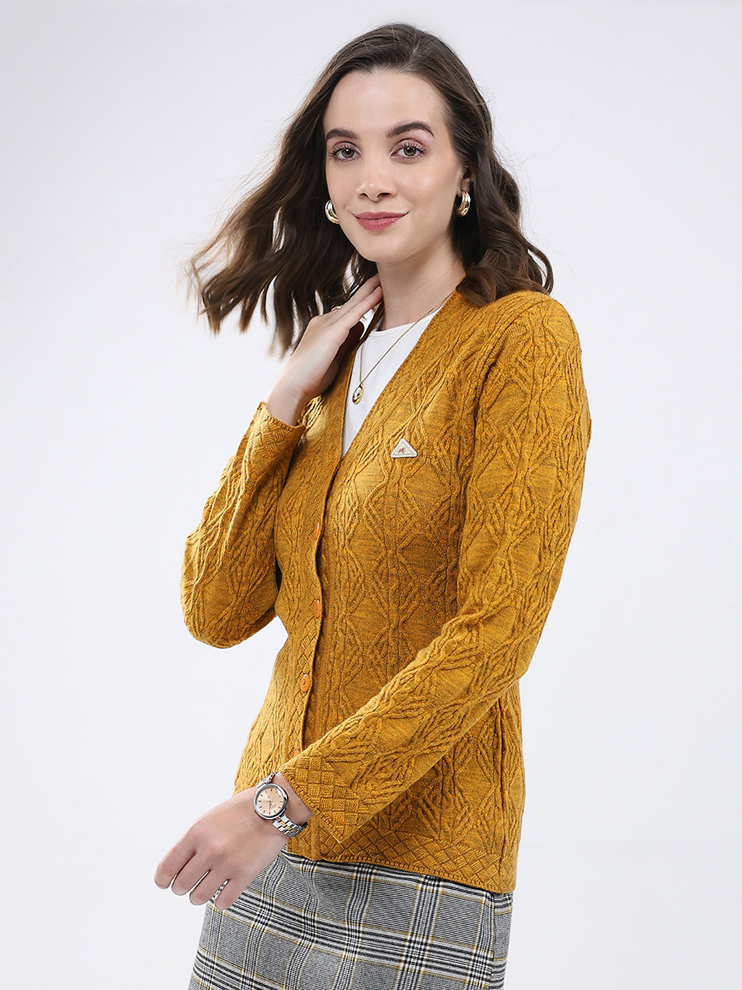 Women Mustard Self Design V Neck Full Sleeve Cardigan