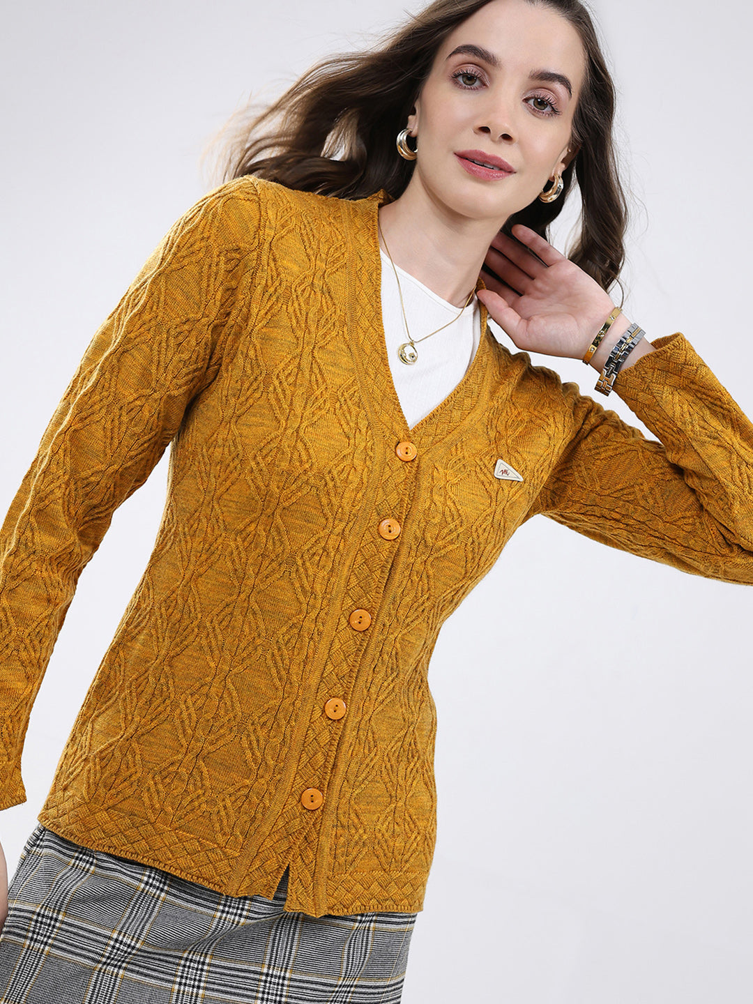 Women Mustard Self Design V Neck Full Sleeve Cardigan