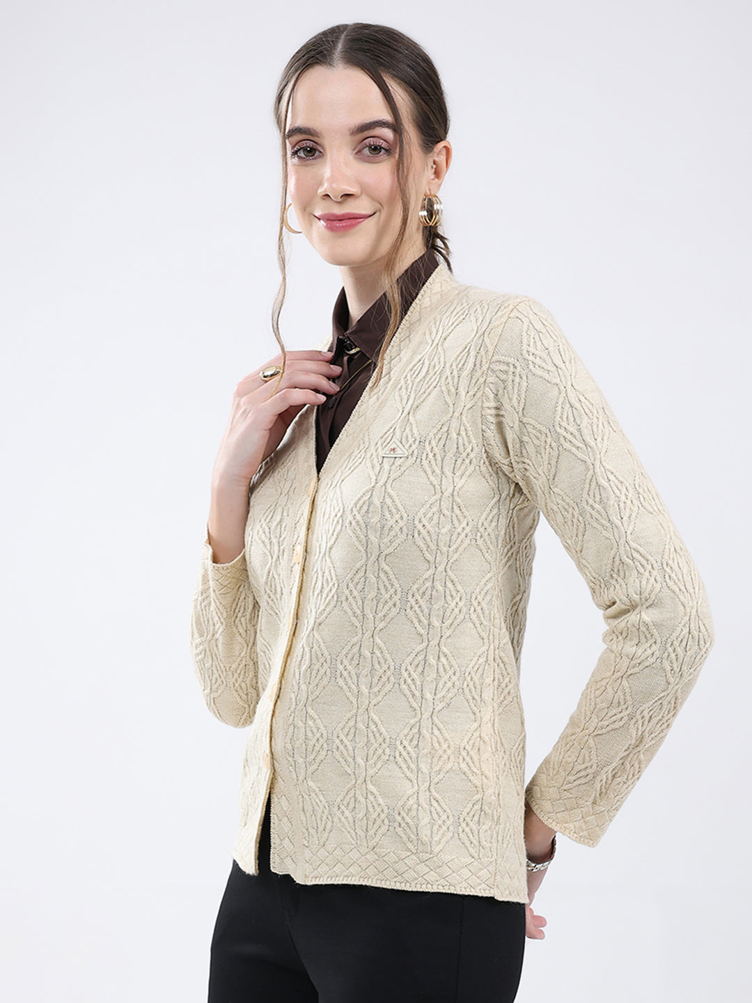 Women Beige Self Design V Neck Full Sleeve Cardigan