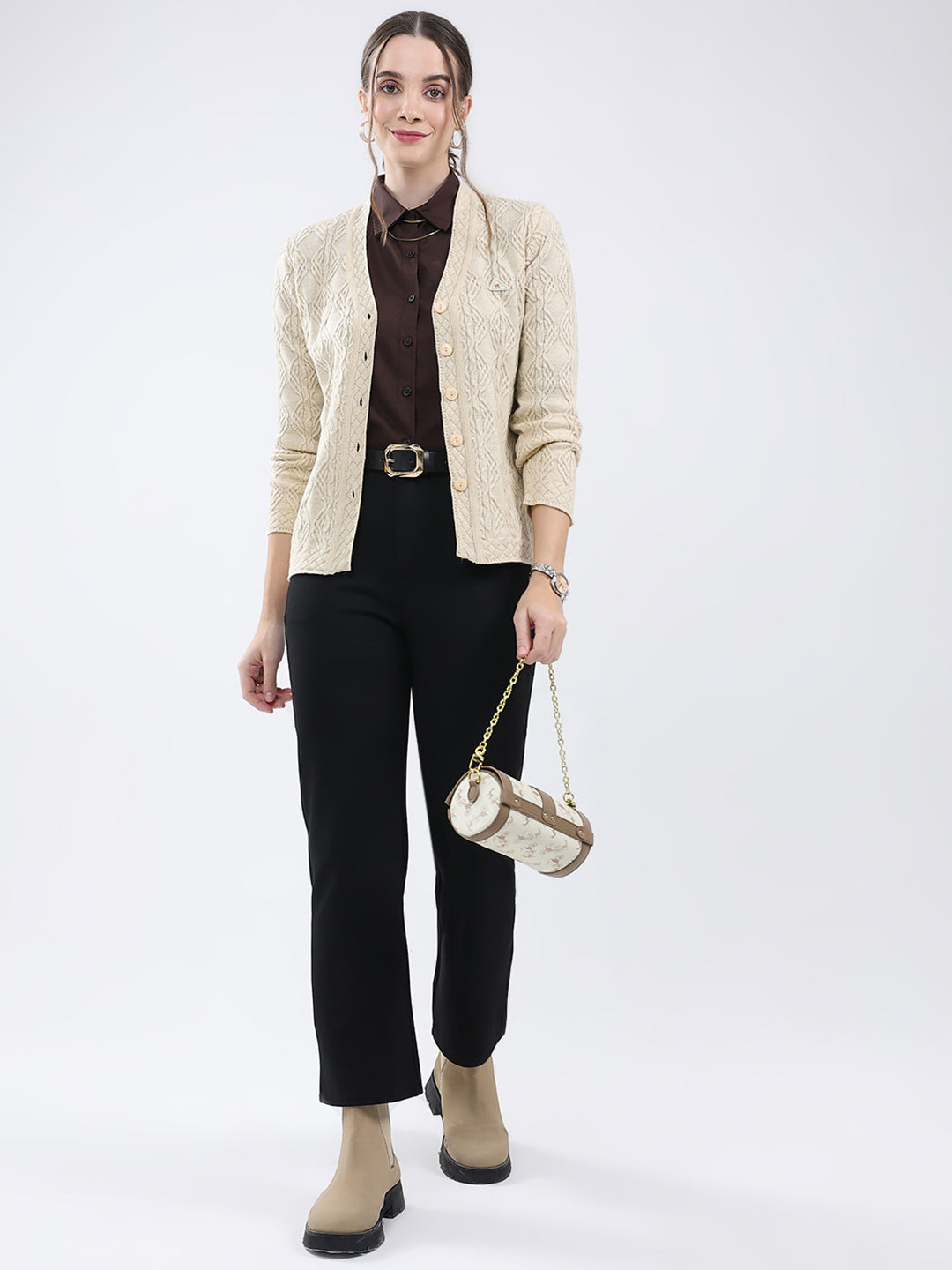 Women Beige Self Design V Neck Full Sleeve Cardigan