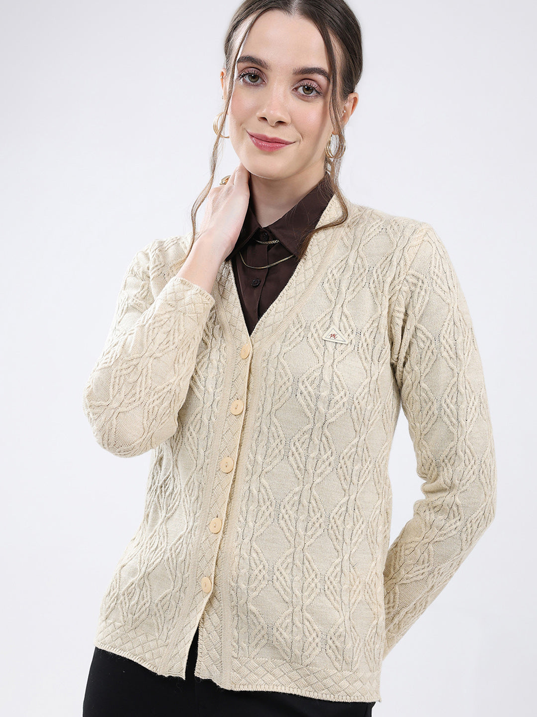 Women Beige Self Design V Neck Full Sleeve Cardigan