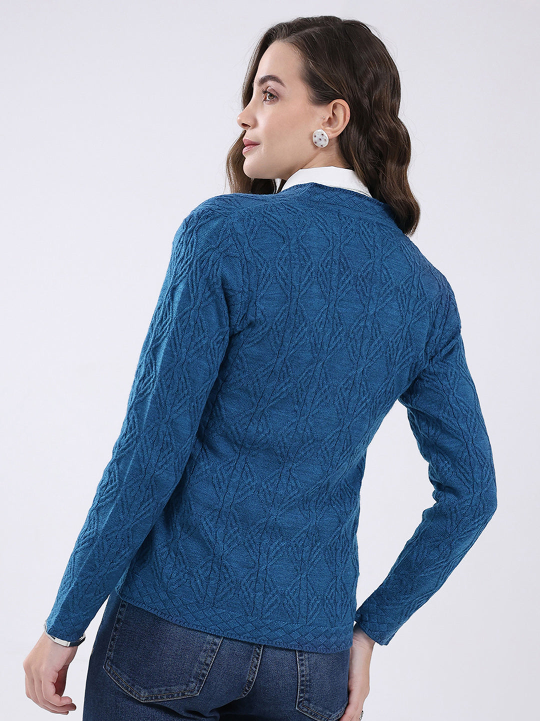 Women Blue Self Design V Neck Full Sleeve Cardigan