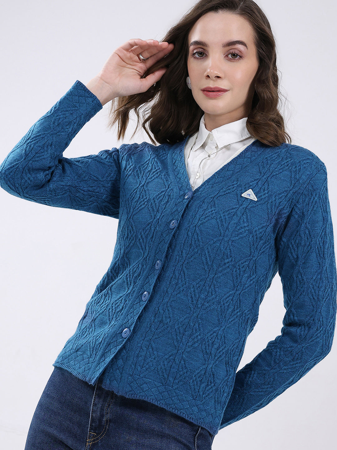 Women Blue Self Design V Neck Full Sleeve Cardigan