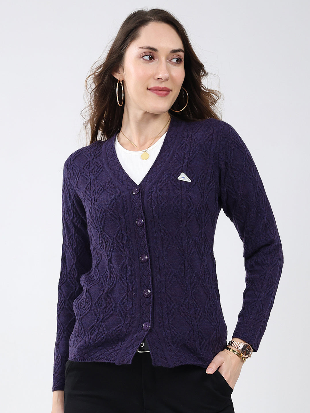 Women Purple Self Design V Neck Full Sleeve Cardigan