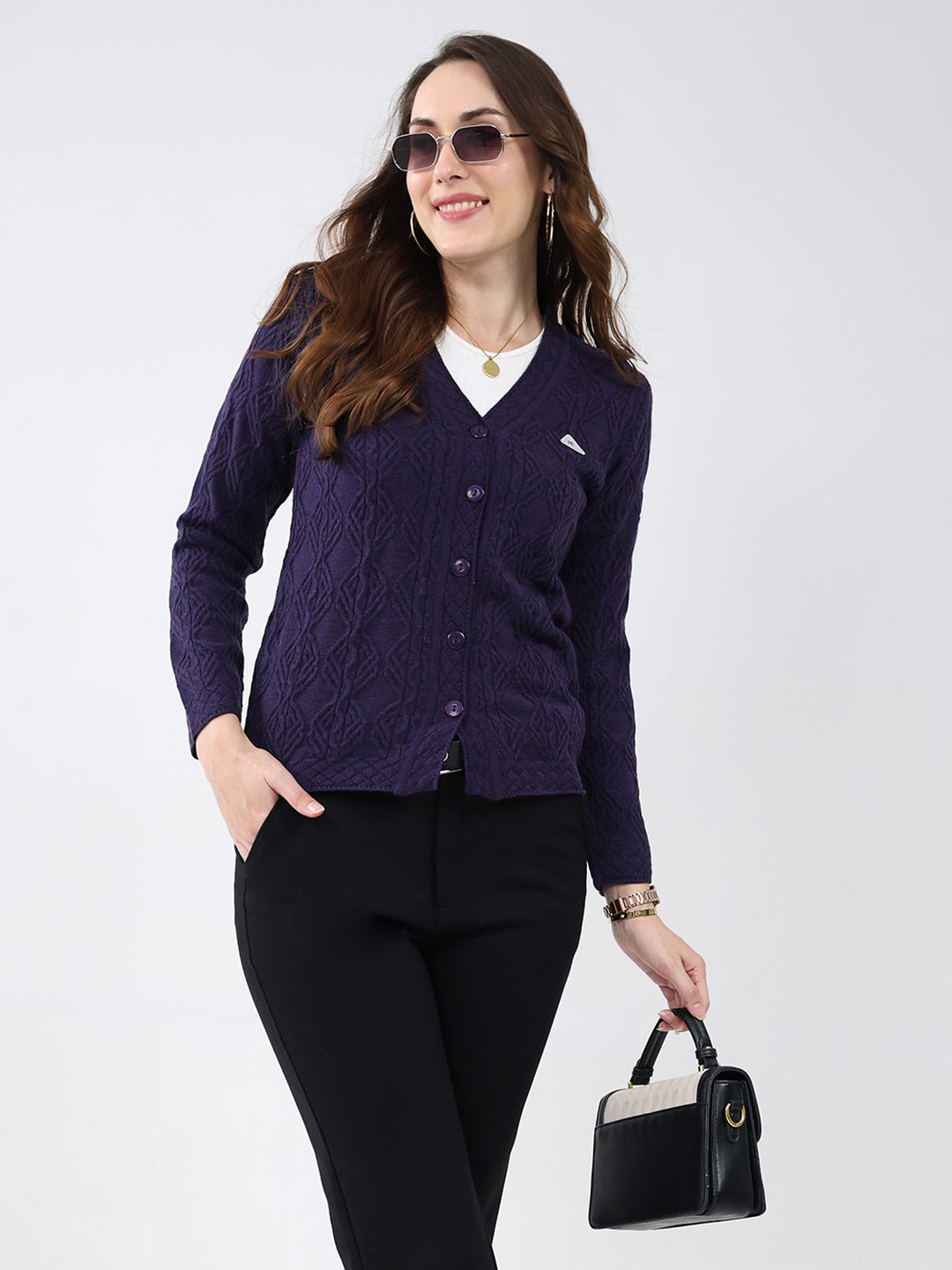 Women Purple Self Design V Neck Full Sleeve Cardigan