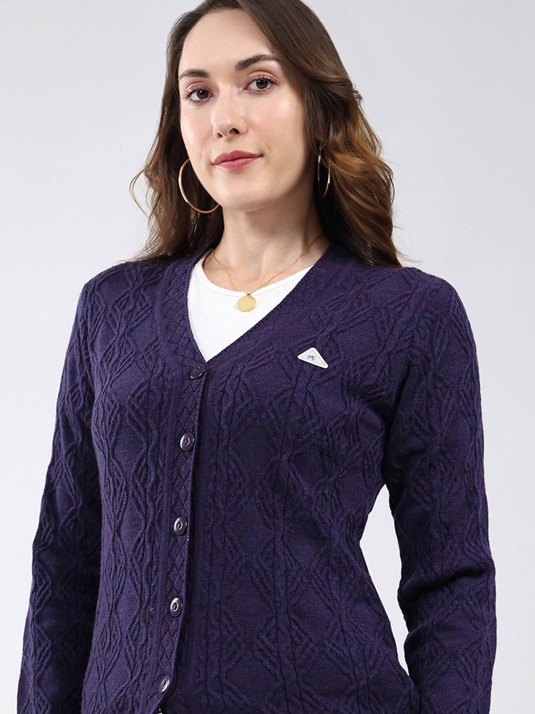 Women Purple Self Design V Neck Full Sleeve Cardigan