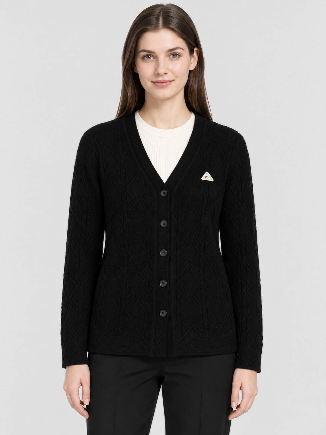 Women Black Self Design V Neck Full Sleeve Cardigan