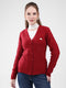 Women Red Self Design V Neck Full Sleeve Cardigan