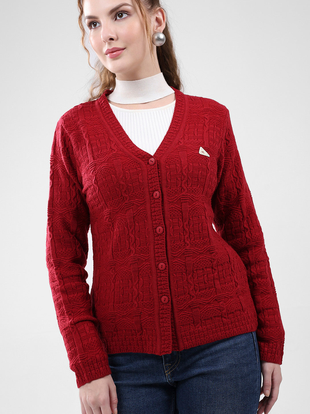 Women Red Self Design V Neck Full Sleeve Cardigan