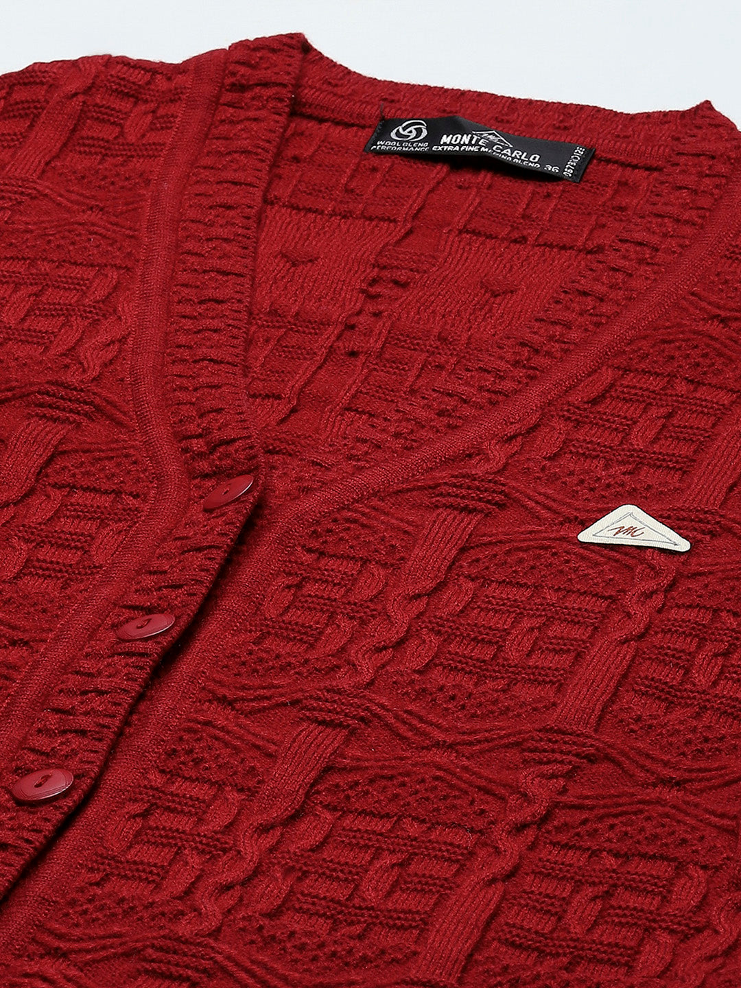 Women Red Self Design V Neck Full Sleeve Cardigan