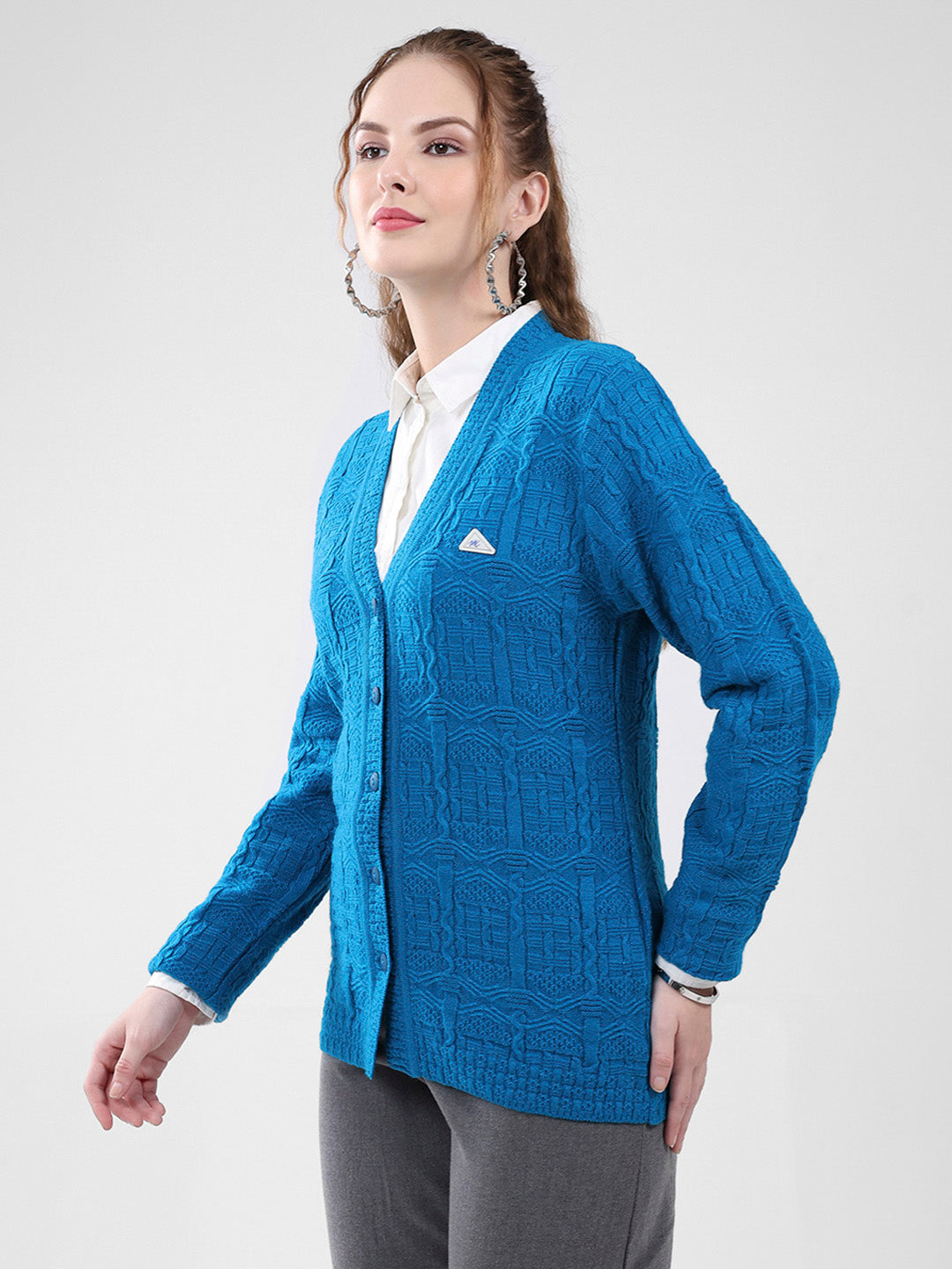 Women Teal Blue Self Design V Neck Full Sleeve Cardigan