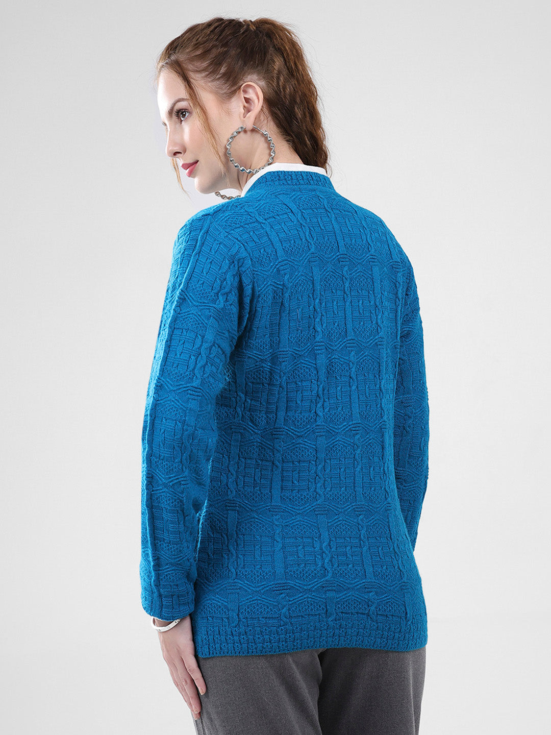 Women Teal Blue Self Design V Neck Full Sleeve Cardigan