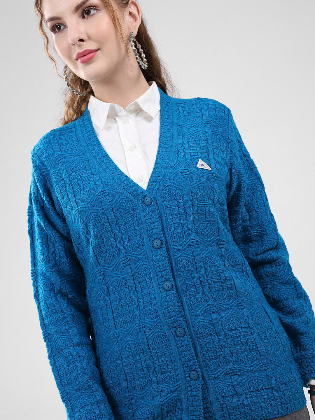 Women Teal Blue Self Design V Neck Full Sleeve Cardigan