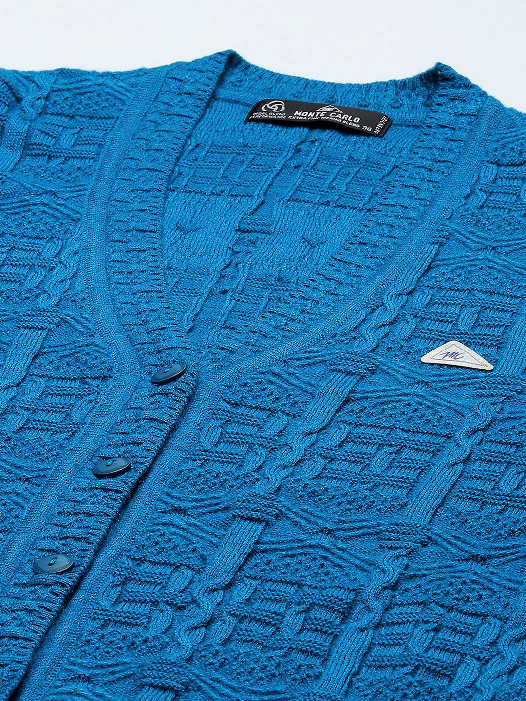 Women Teal Blue Self Design V Neck Full Sleeve Cardigan