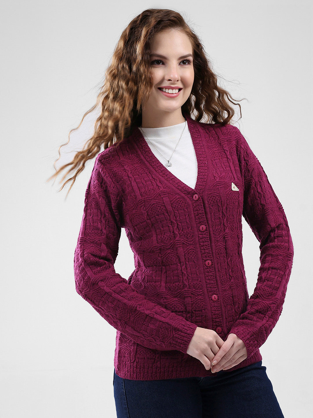 Women Purple Self Design V Neck Full Sleeve Cardigan