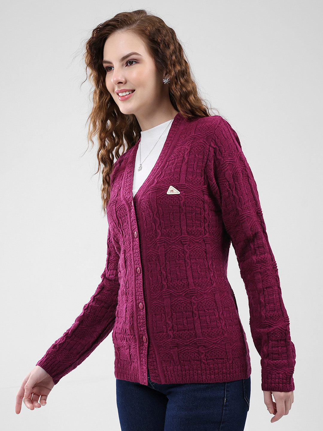 Women Purple Self Design V Neck Full Sleeve Cardigan