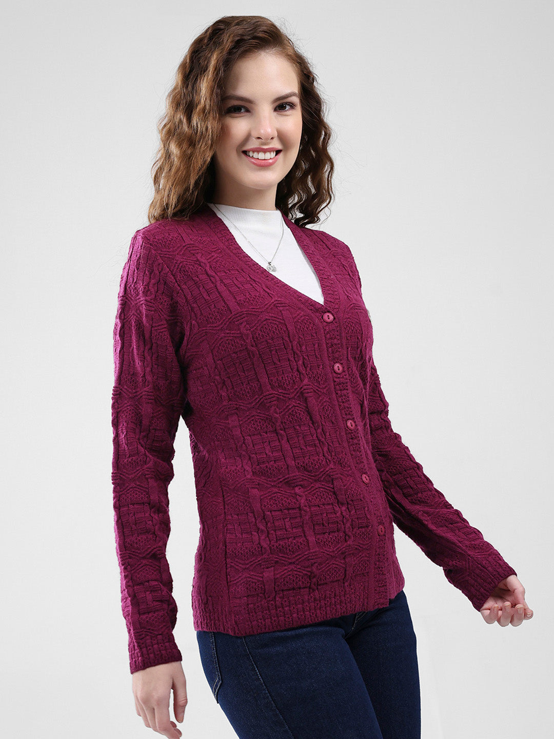 Women Purple Self Design V Neck Full Sleeve Cardigan