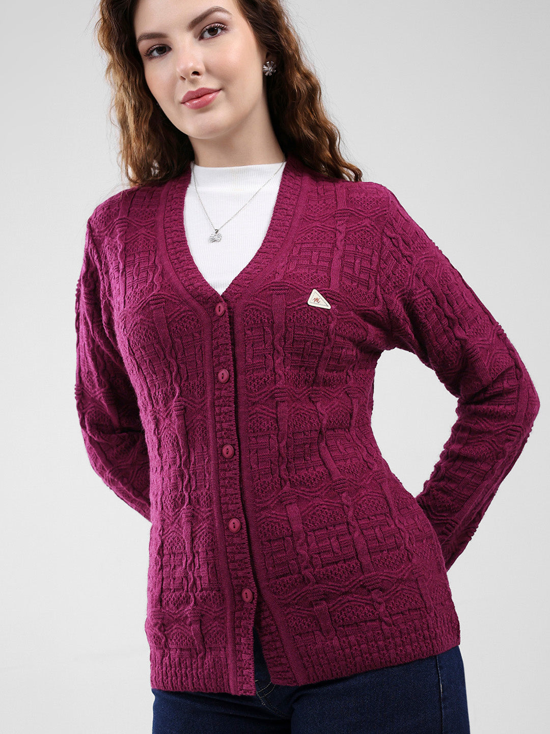 Women Purple Self Design V Neck Full Sleeve Cardigan