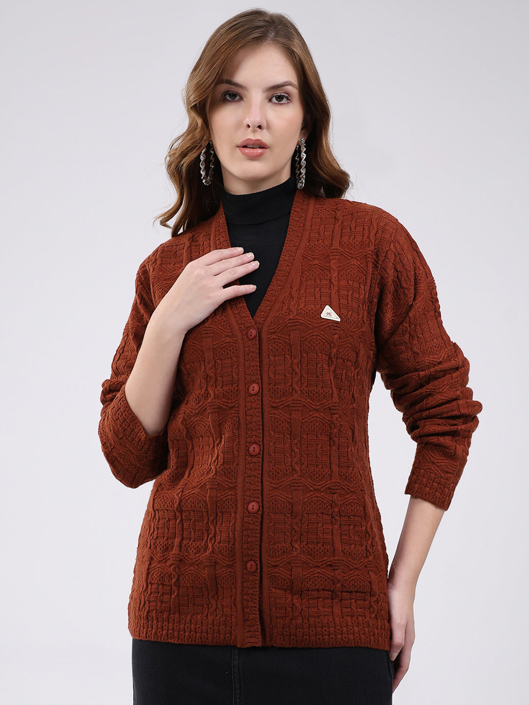 Women Brown Self Design V Neck Full Sleeve Cardigan