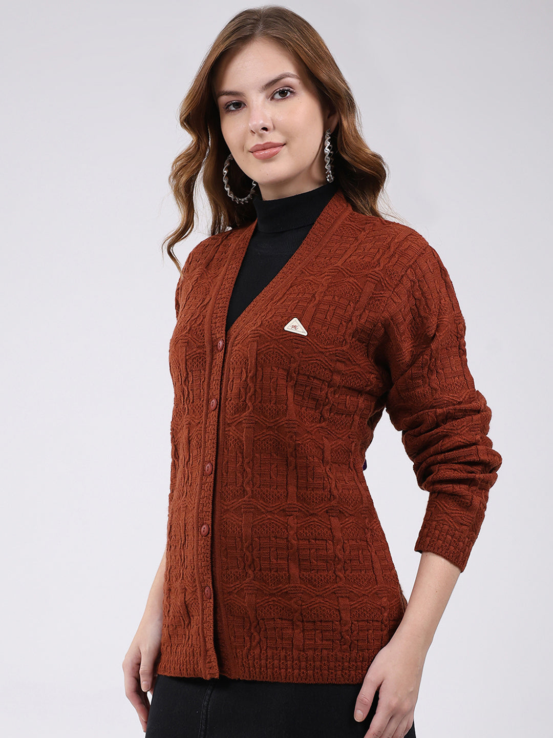 Women Brown Self Design V Neck Full Sleeve Cardigan