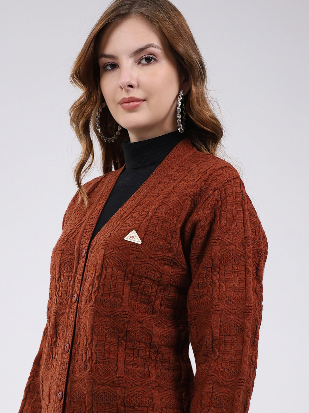 Women Brown Self Design V Neck Full Sleeve Cardigan