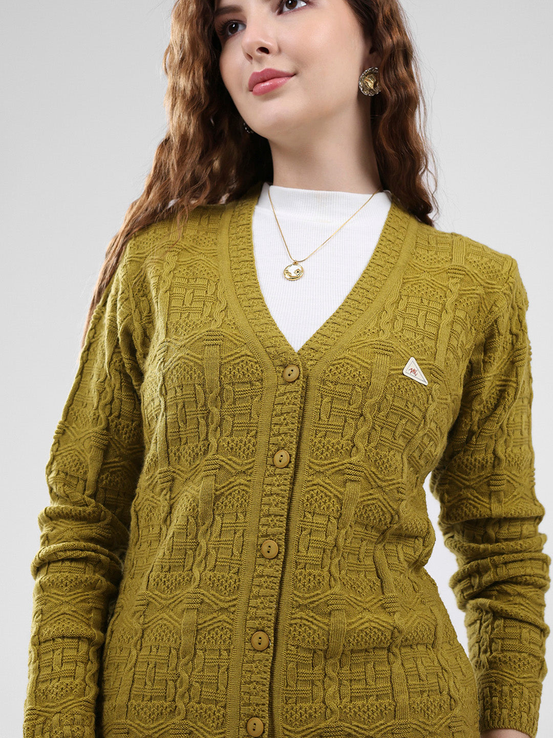 Women Mustard Self Design V Neck Full Sleeve Cardigan
