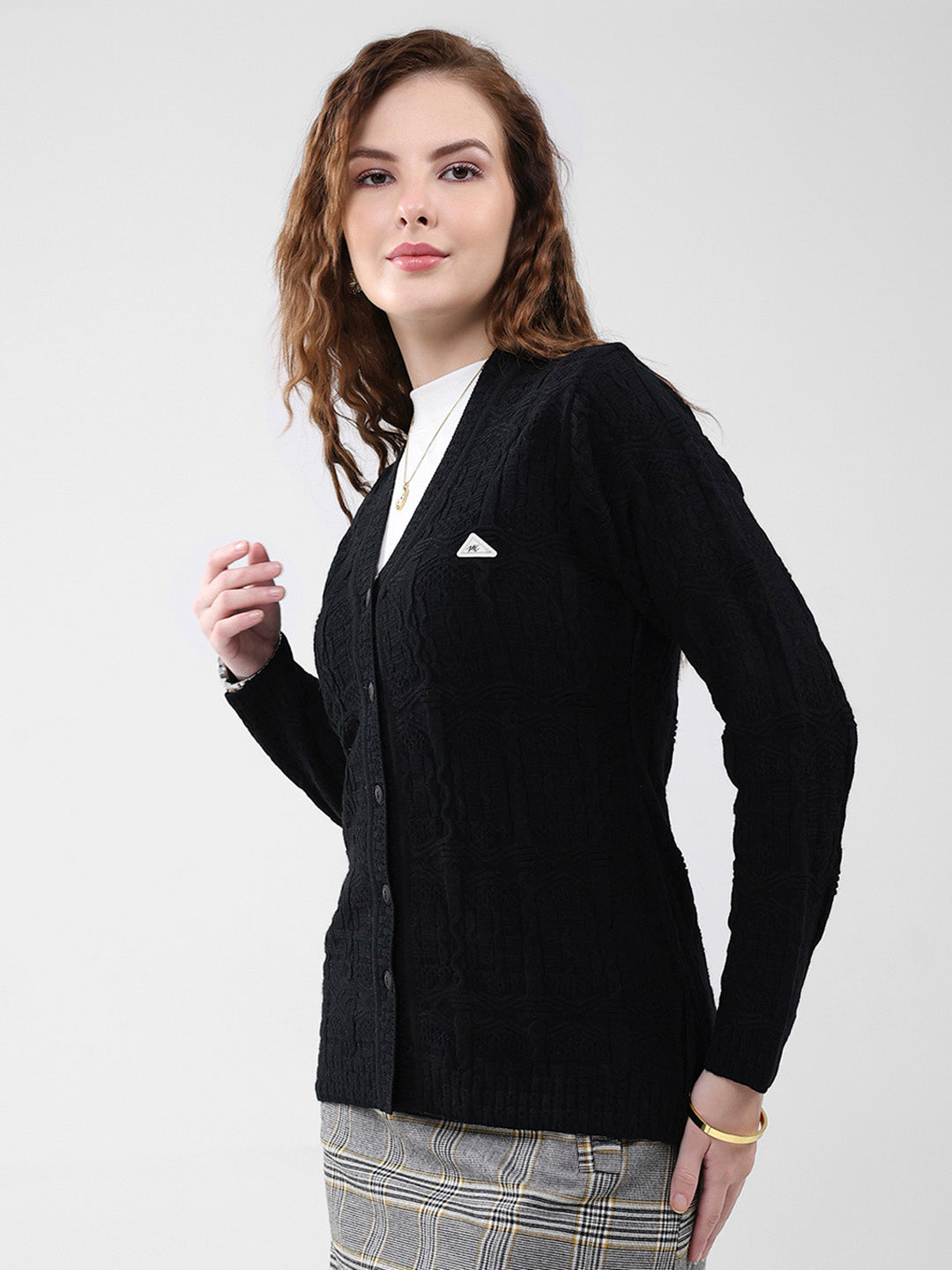 Women Black Self Design V Neck Full Sleeve Cardigan