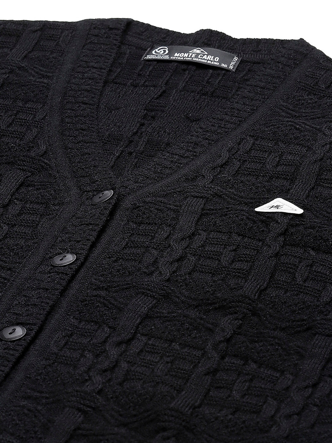 Women Black Self Design V Neck Full Sleeve Cardigan