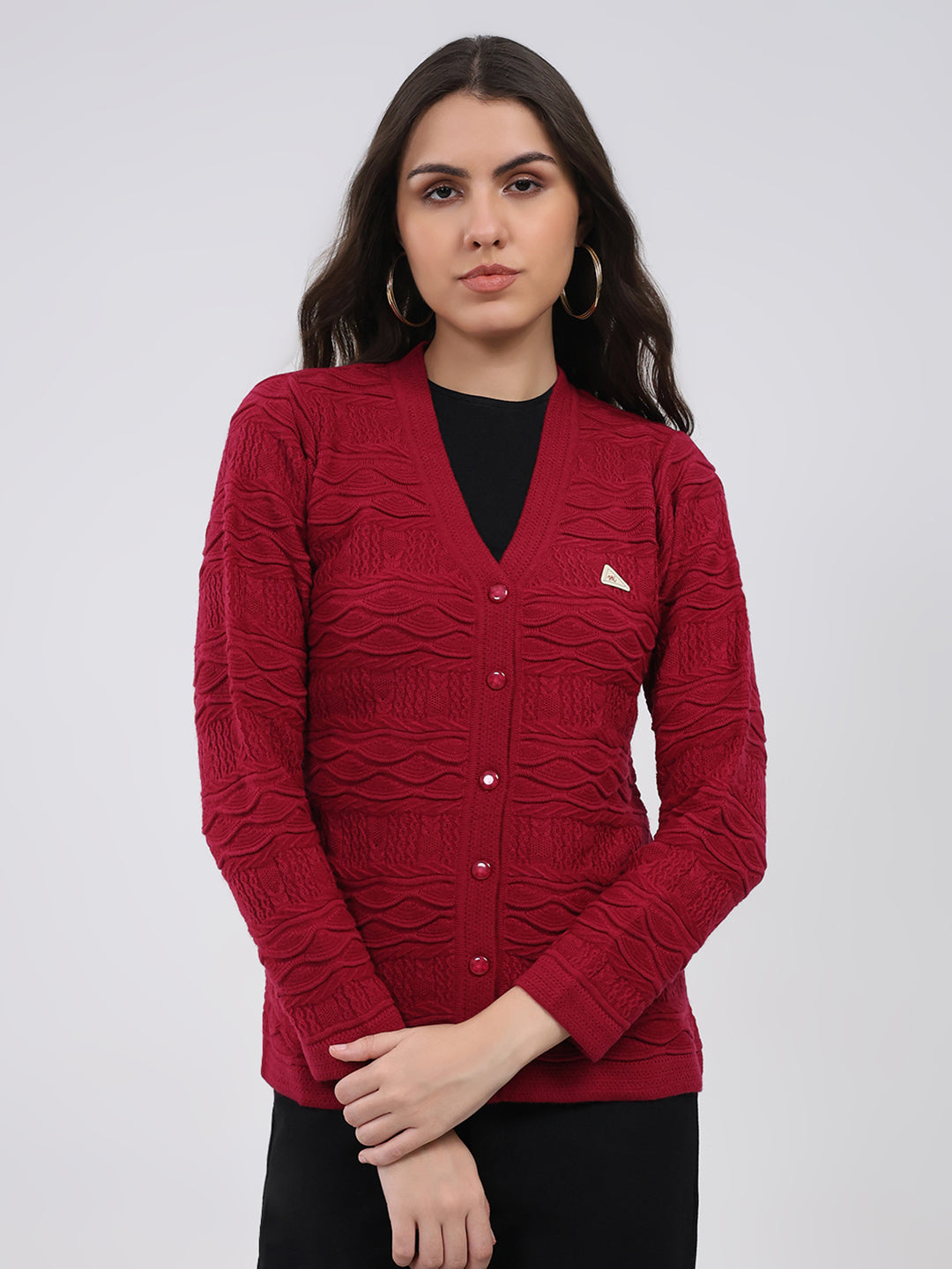 Women Maroon Self Design V Neck Full Sleeve Cardigan