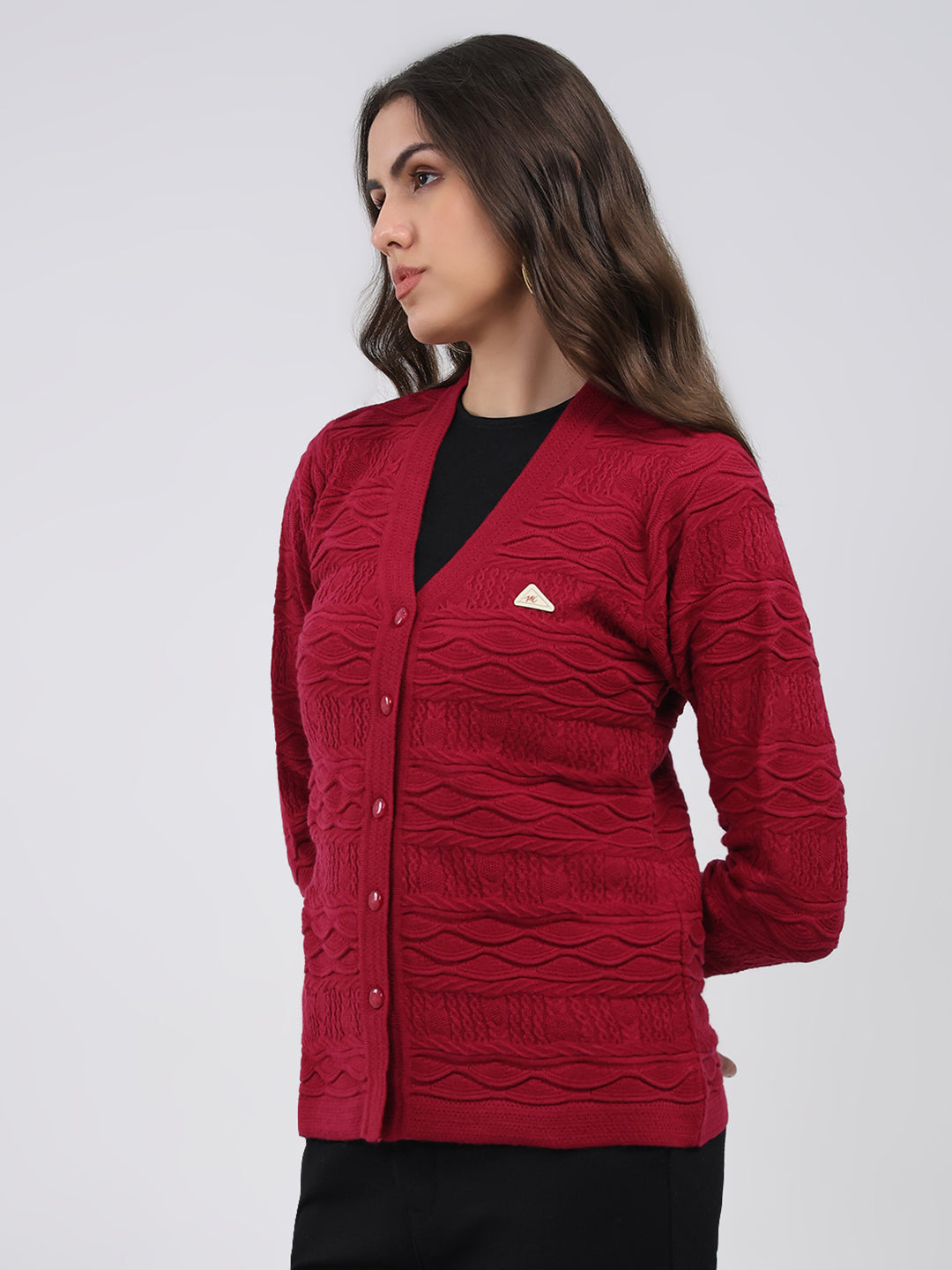 Women Maroon Self Design V Neck Full Sleeve Cardigan