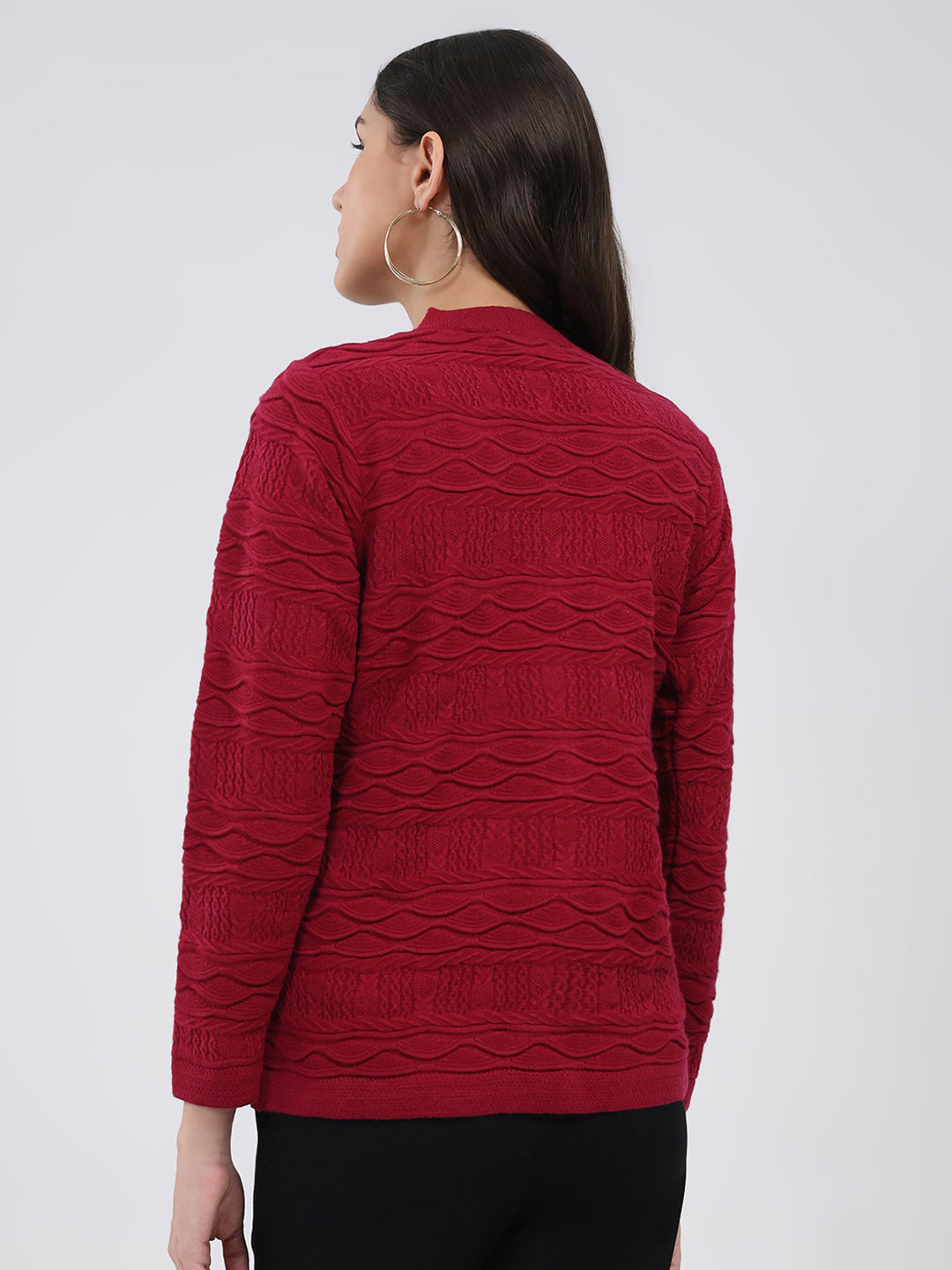 Women Maroon Self Design V Neck Full Sleeve Cardigan
