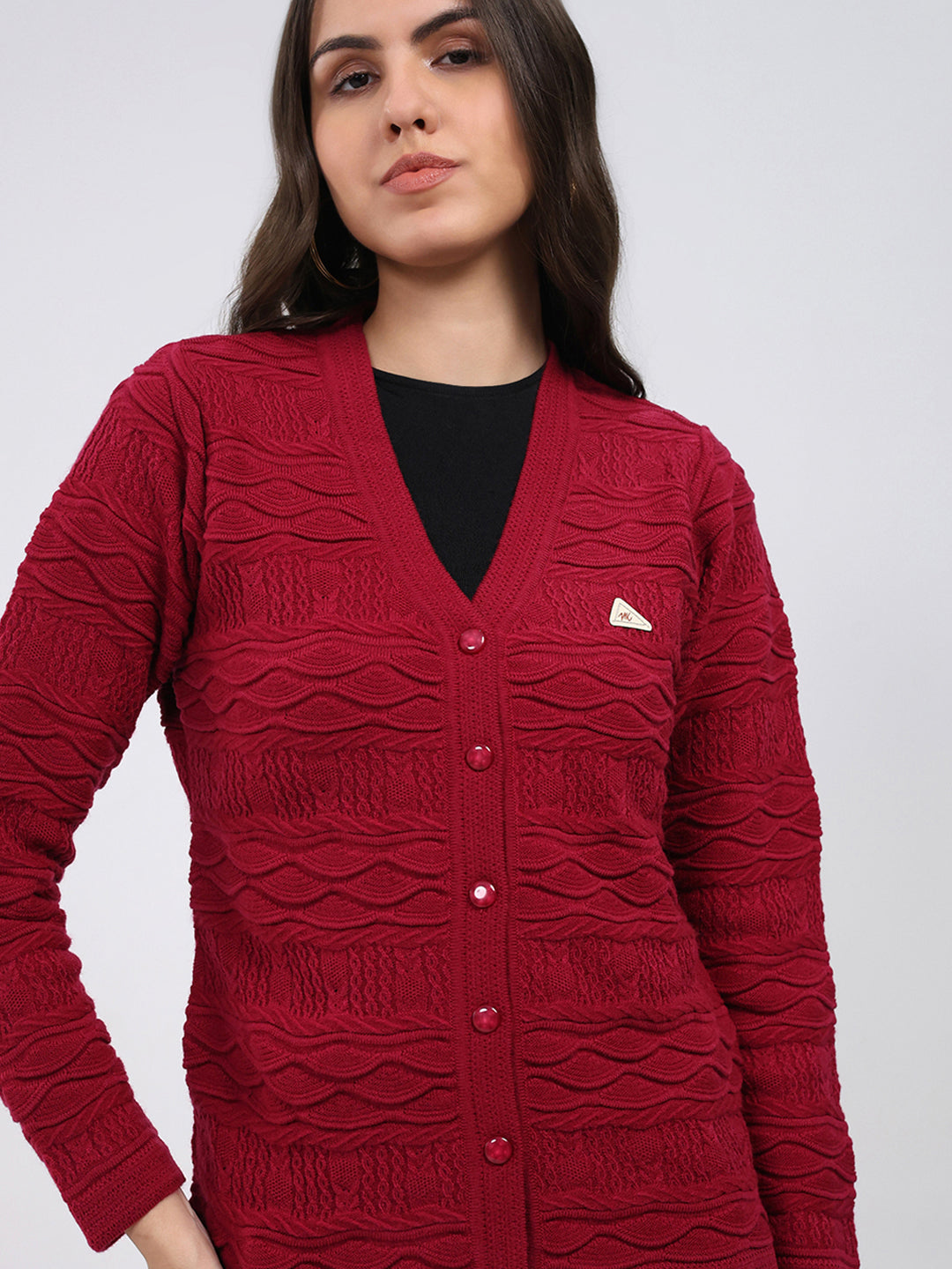 Women Maroon Self Design V Neck Full Sleeve Cardigan