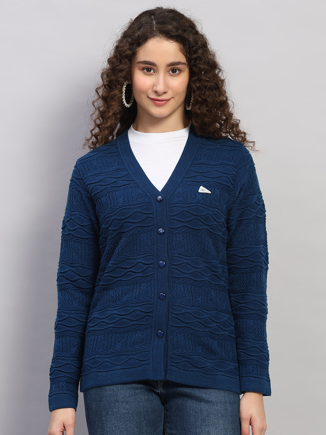 Women Blue Self Design V Neck Full Sleeve Cardigan
