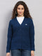 Women Blue Self Design V Neck Full Sleeve Cardigan