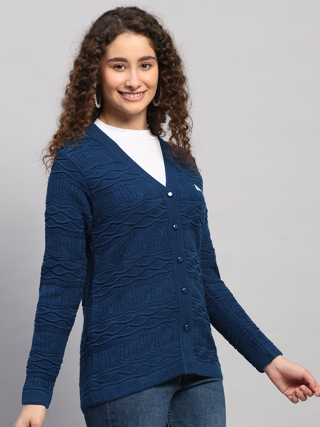 Women Blue Self Design V Neck Full Sleeve Cardigan