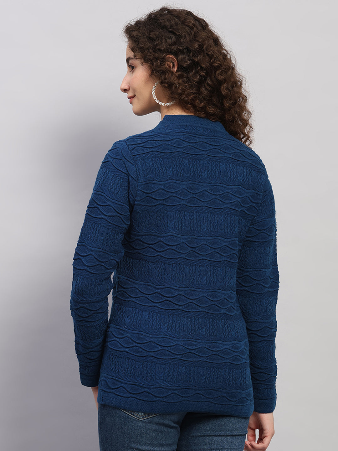 Women Blue Self Design V Neck Full Sleeve Cardigan