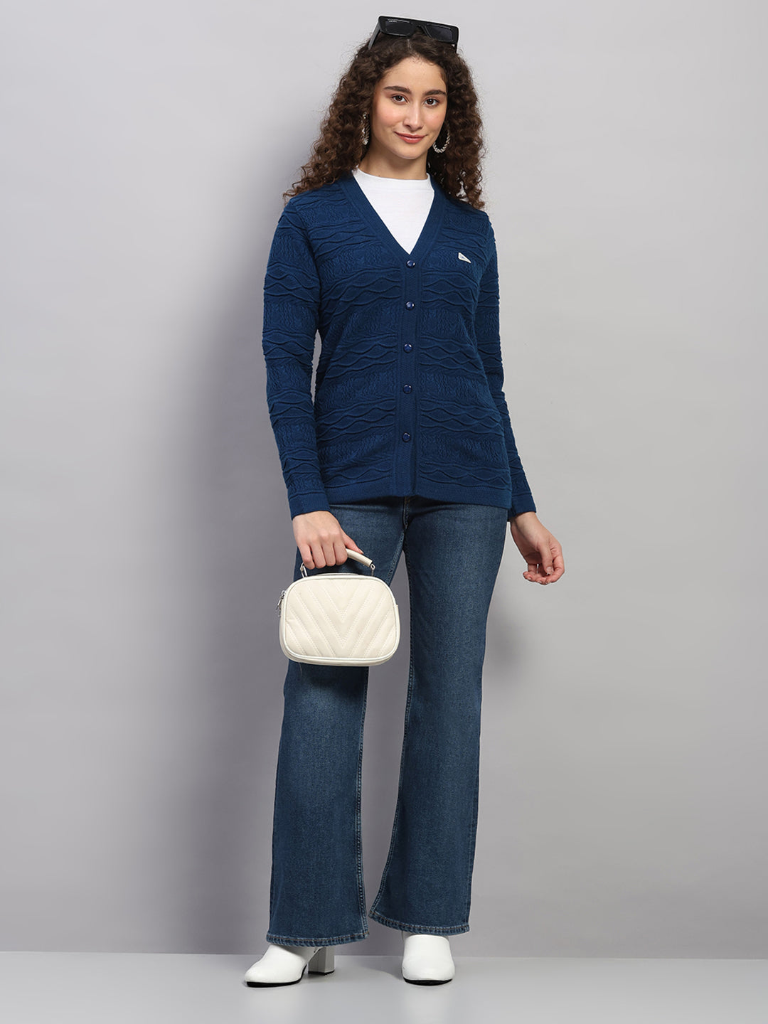 Women Blue Self Design V Neck Full Sleeve Cardigan